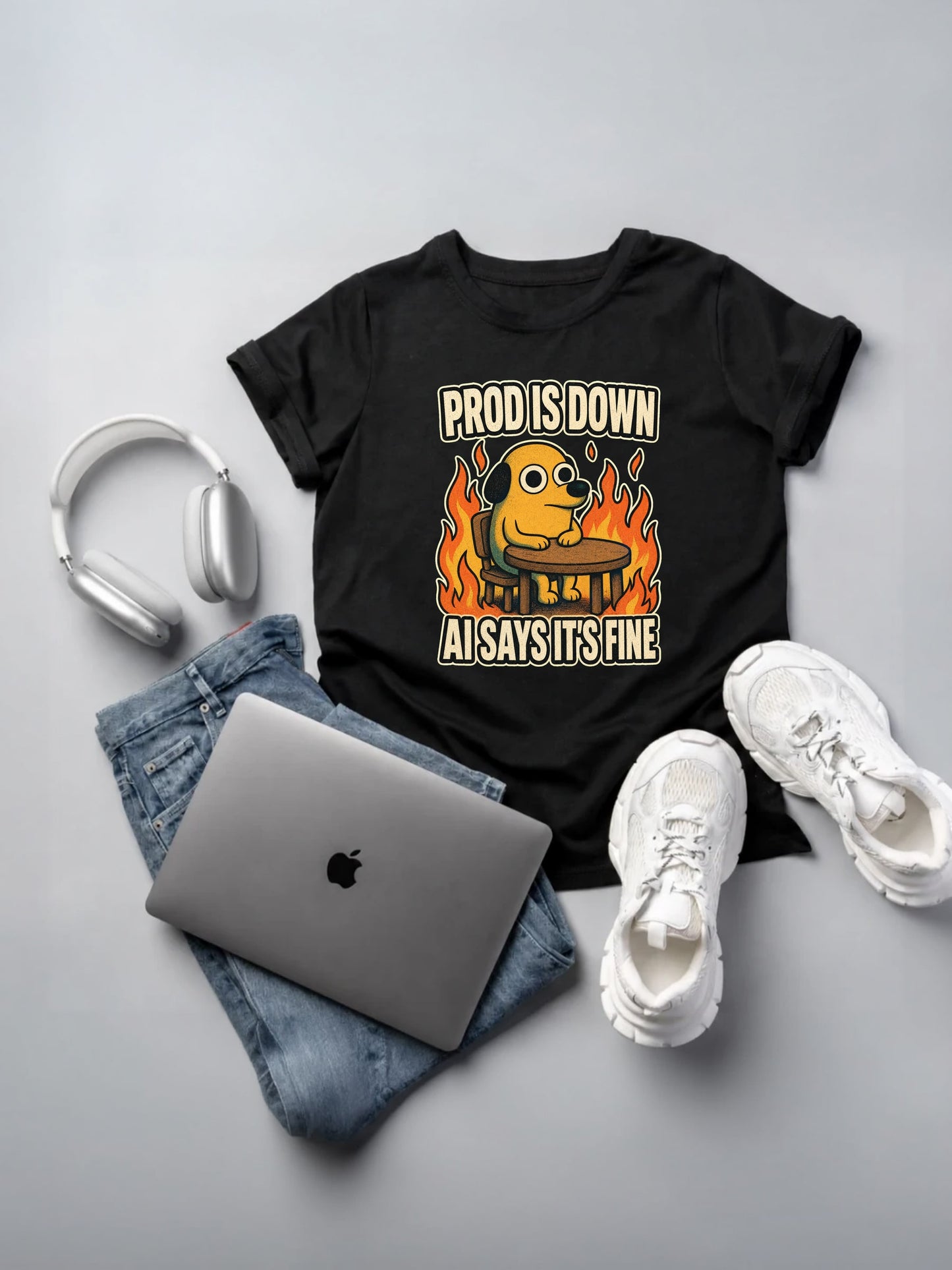 This Is Fine Prod Down black t-shirt mockup