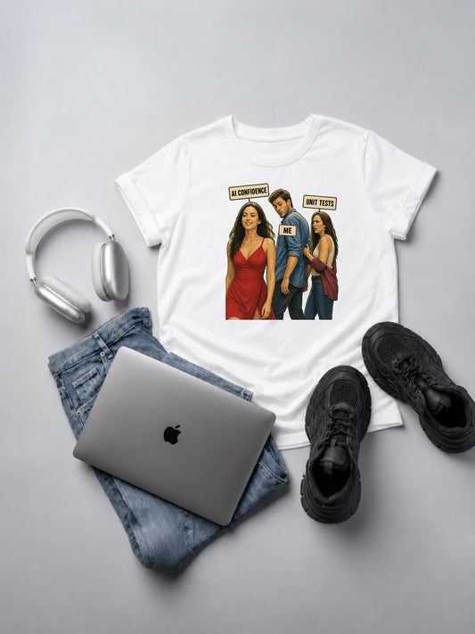 AI Confidence Distracted Boyfriend white t-shirt mockup