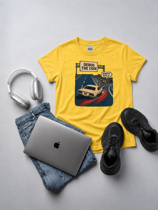 Rewrite With AI Left Exit yellow t-shirt mockup