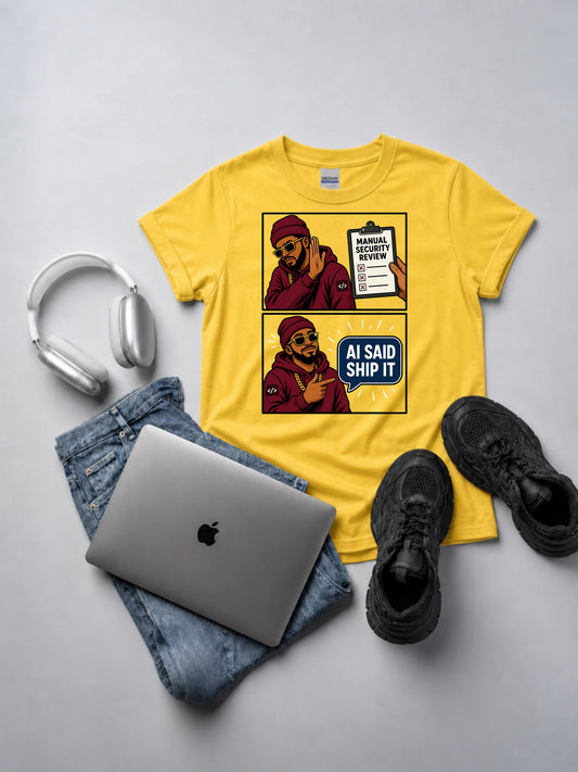 AI Said Ship It T-Shirt yellow t-shirt mockup